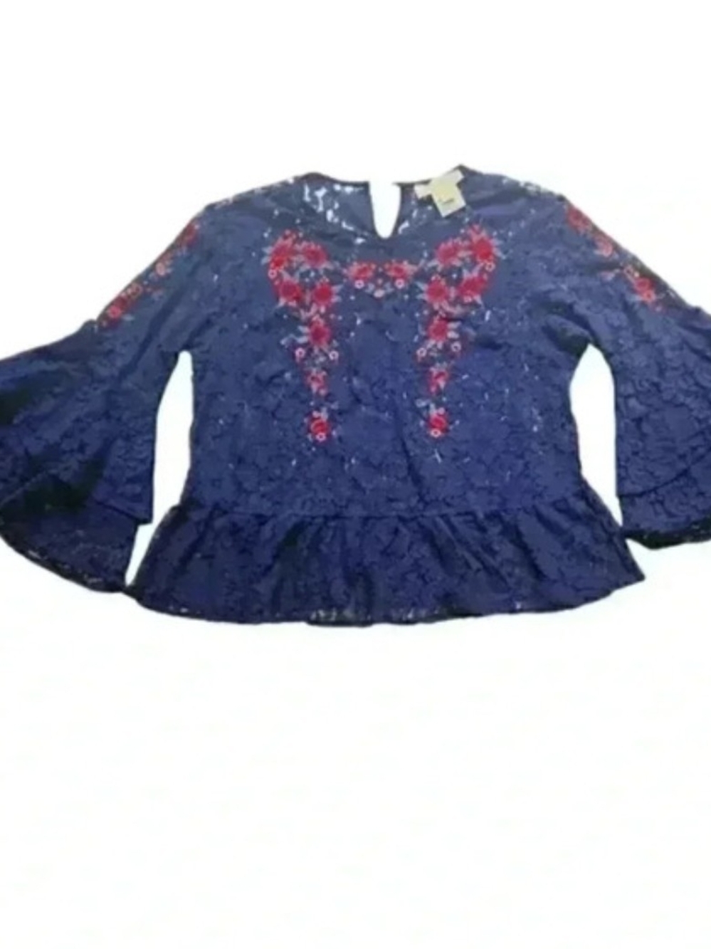 Women's Navy Lace Peplum Blouse with Red Floral Embroidery